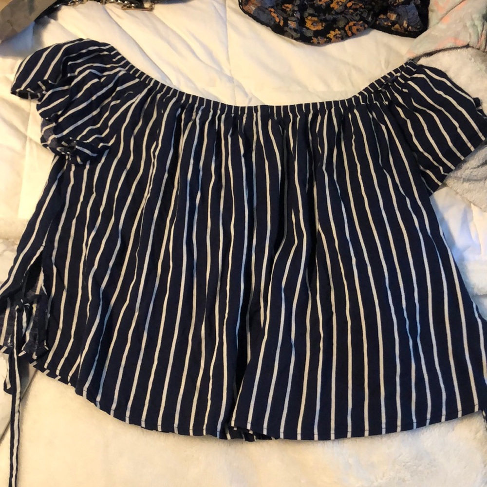 Navy and white stripe off shoulder top